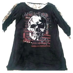 Affliction studded skull shirt with lace back